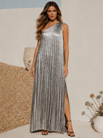 Metallic Satin Sheath One Shoulder Formal Dresses with Side Slit