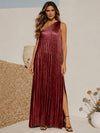 Metallic Satin Sheath One Shoulder Formal Dresses with Side Slit