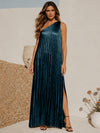 Metallic Satin Sheath One Shoulder Formal Dresses with Side Slit