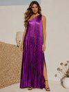 Metallic Satin Sheath One Shoulder Formal Dresses with Side Slit