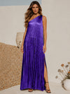 Metallic Satin Sheath One Shoulder Formal Dresses with Side Slit