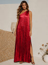 Metallic Satin Sheath One Shoulder Formal Dresses with Side Slit