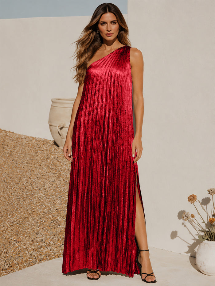 Metallic Satin Sheath One Shoulder Formal Dresses with Side Slit