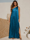 Metallic Satin Sheath One Shoulder Formal Dresses with Side Slit