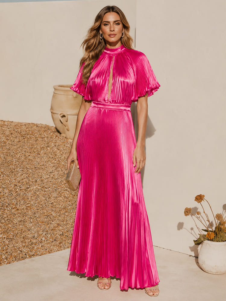 Metallic Satin A-Line High Neck Formal Dresses with Keyhole