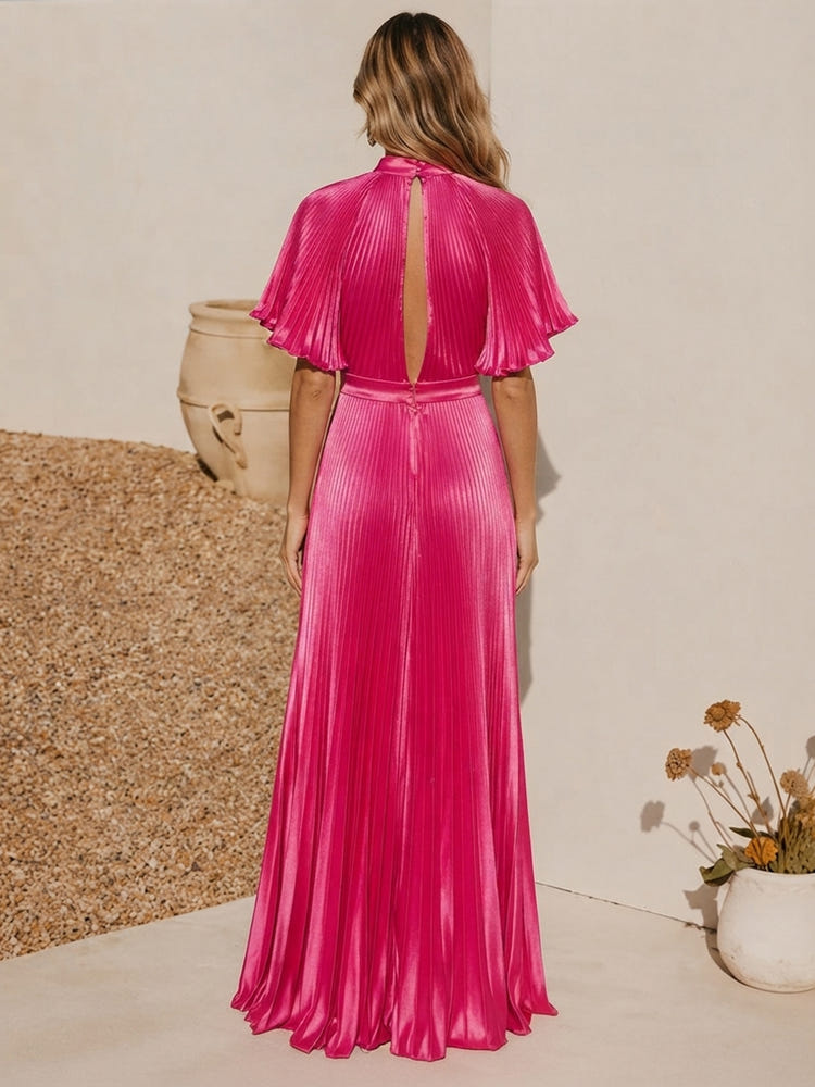 Metallic Satin A-Line High Neck Formal Dresses with Keyhole