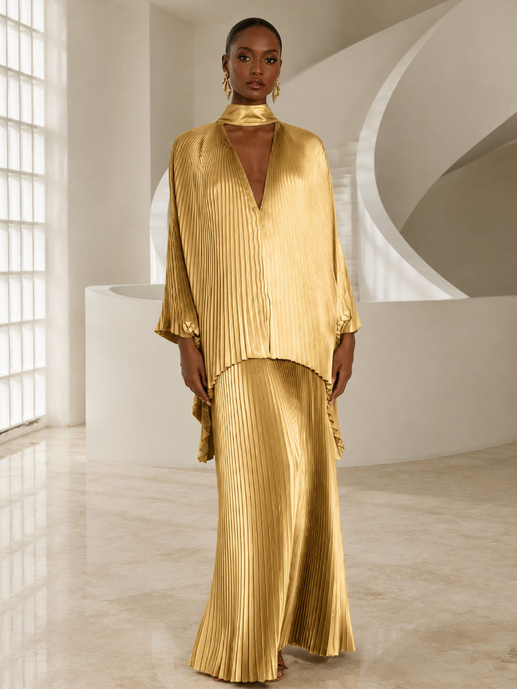 Metallic Satin Sheath High Neck Formal Dresses with Delicate Pleated