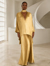 Metallic Satin Sheath High Neck Formal Dresses with Delicate Pleated