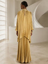 Metallic Satin Sheath High Neck Formal Dresses with Delicate Pleated