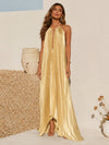 Metallic Satin Sheath Halter Formal Dresses with Deep V Neck