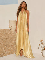 Metallic Satin Sheath Halter Formal Dresses with Deep V Neck