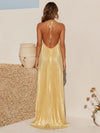 Metallic Satin Sheath Halter Formal Dresses with Deep V Neck