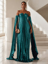 Metallic Satin Mermaid Strapless Formal Dresses with Dramatic Attached Split Cape Sleeves