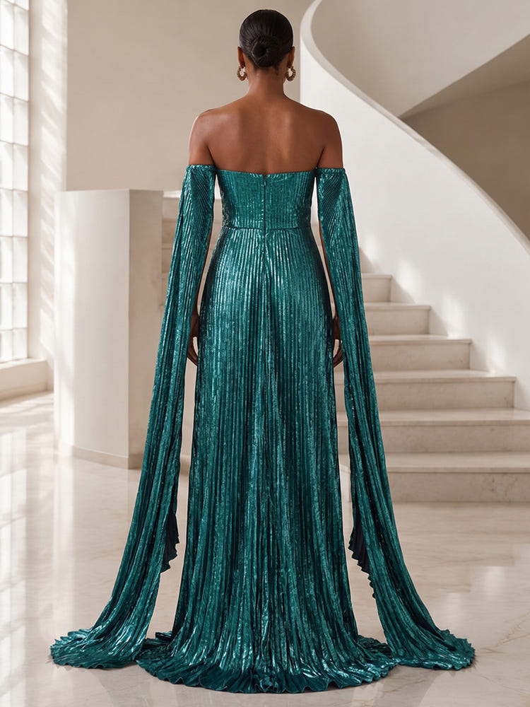 Metallic Satin Mermaid Strapless Formal Dresses with Dramatic Attached Split Cape Sleeves