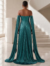 Metallic Satin Mermaid Strapless Formal Dresses with Dramatic Attached Split Cape Sleeves