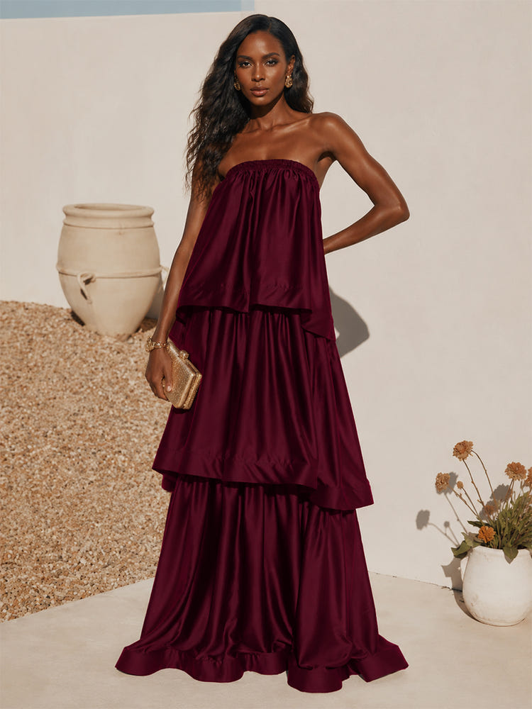 Satin A-Line Strapless Formal Dresses with Romantic Three-Tier Layered Design