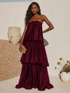Satin A-Line Strapless Formal Dresses with Romantic Three-Tier Layered Design