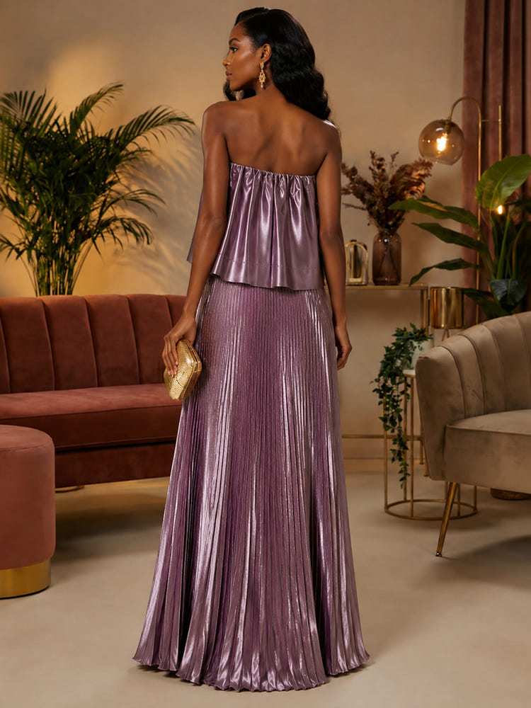 Satin A-Line Strapless Formal Dresses with Delicate Pleated