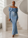 Metallic Satin Bodycon Off Shoulder Formal Dresses with Delicate Pleated