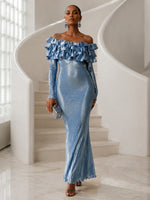 Metallic Satin Bodycon Off Shoulder Formal Dresses with Delicate Pleated