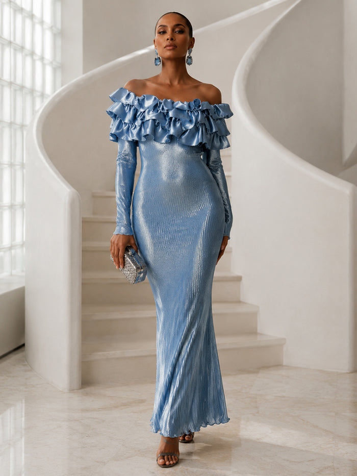 Metallic Satin Bodycon Off Shoulder Formal Dresses with Delicate Pleated
