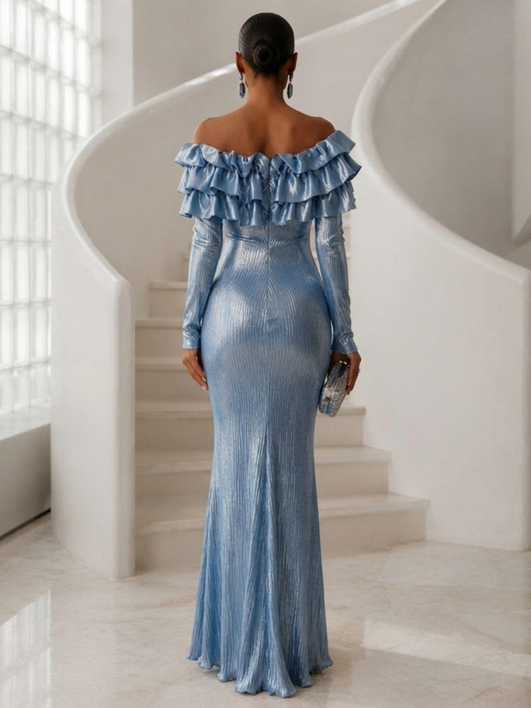 Metallic Satin Bodycon Off Shoulder Formal Dresses with Delicate Pleated