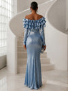 Metallic Satin Bodycon Off Shoulder Formal Dresses with Delicate Pleated