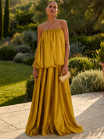 Satin A-Line Strapless Formal Dresses with Unique Blouson Bubble Silhouette