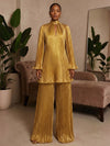 Metallic Foil Chiffon Pantsuit High Neck Sets with Delicate Pleated