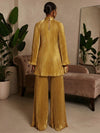 Metallic Foil Chiffon Pantsuit High Neck Sets with Delicate Pleated