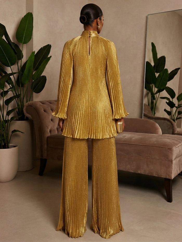 Metallic Foil Chiffon Pantsuit High Neck Sets with Delicate Pleated