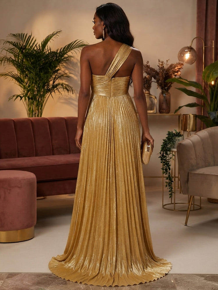 Metallic Satin A-Line One Shoulder Formal Dresses with Side Slit