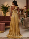 Metallic Satin A-Line One Shoulder Formal Dresses with Side Slit