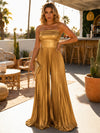 Metallic Satin Pantsuit Strapless Sets with Delicate Pleated