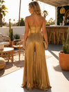 Metallic Satin Pantsuit Strapless Sets with Delicate Pleated