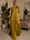 Metallic Foil Chiffon A-Line High Neck Formal Dresses with Dreamy Asymmetrical Ruffle Hem