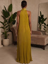 Metallic Foil Chiffon A-Line High Neck Formal Dresses with Dreamy Asymmetrical Ruffle Hem