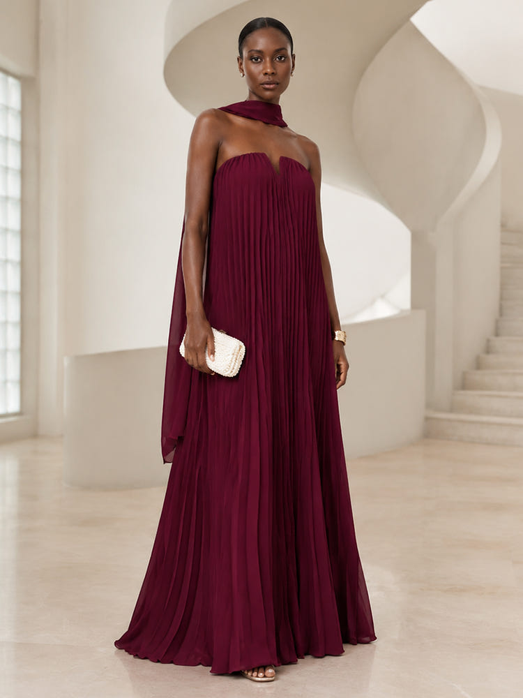 Chiffon A-Line Strapless Formal Dresses with Scarf