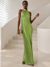 Metallic Foil Chiffon Sheath Halter Formal Dresses with Delicate Pleated