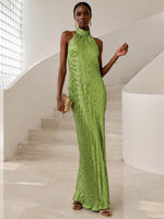 Metallic Foil Chiffon Sheath Halter Formal Dresses with Delicate Pleated