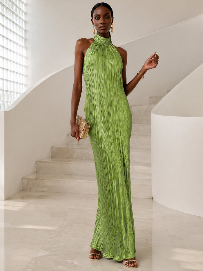 Metallic Foil Chiffon Sheath Halter Formal Dresses with Delicate Pleated