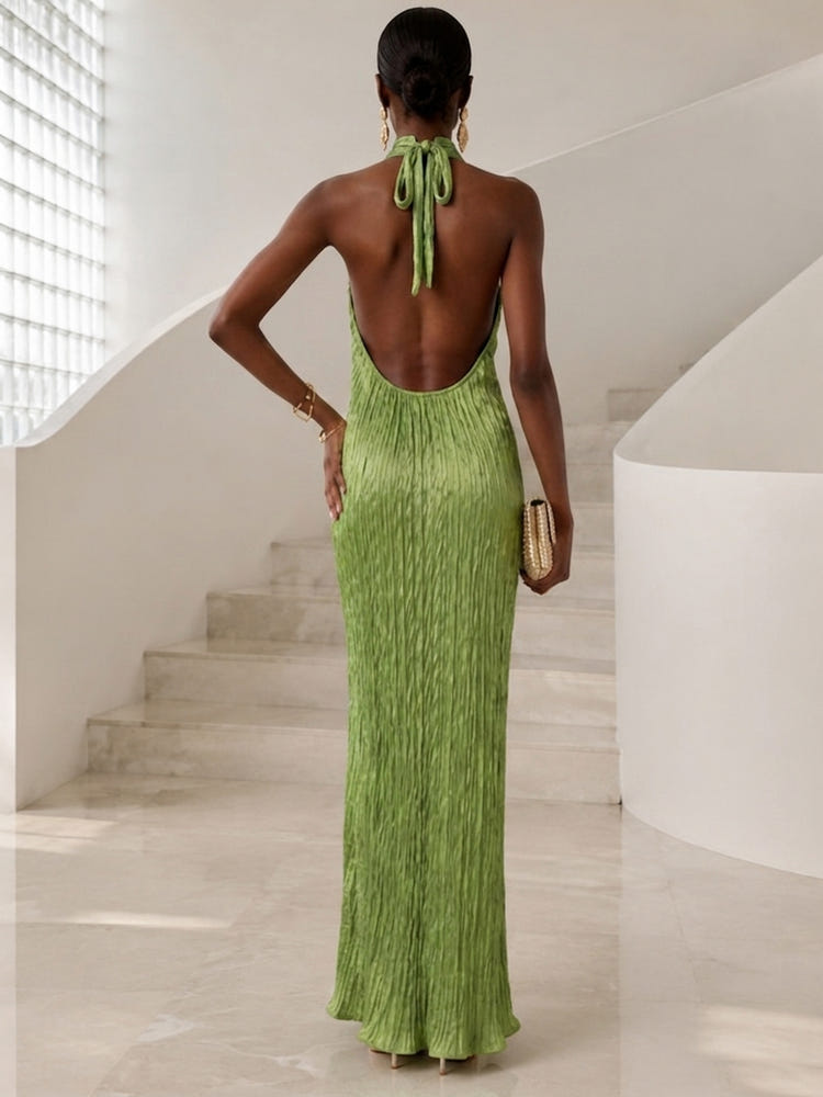 Metallic Foil Chiffon Sheath Halter Formal Dresses with Delicate Pleated