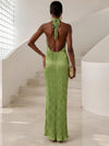 Metallic Foil Chiffon Sheath Halter Formal Dresses with Delicate Pleated