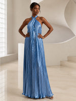 Metallic Foil Chiffon A-Line Halter Formal Dresses with Delicate Pleated
