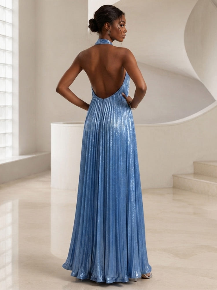 Metallic Foil Chiffon A-Line Halter Formal Dresses with Delicate Pleated