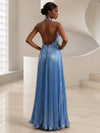 Metallic Foil Chiffon A-Line Halter Formal Dresses with Delicate Pleated