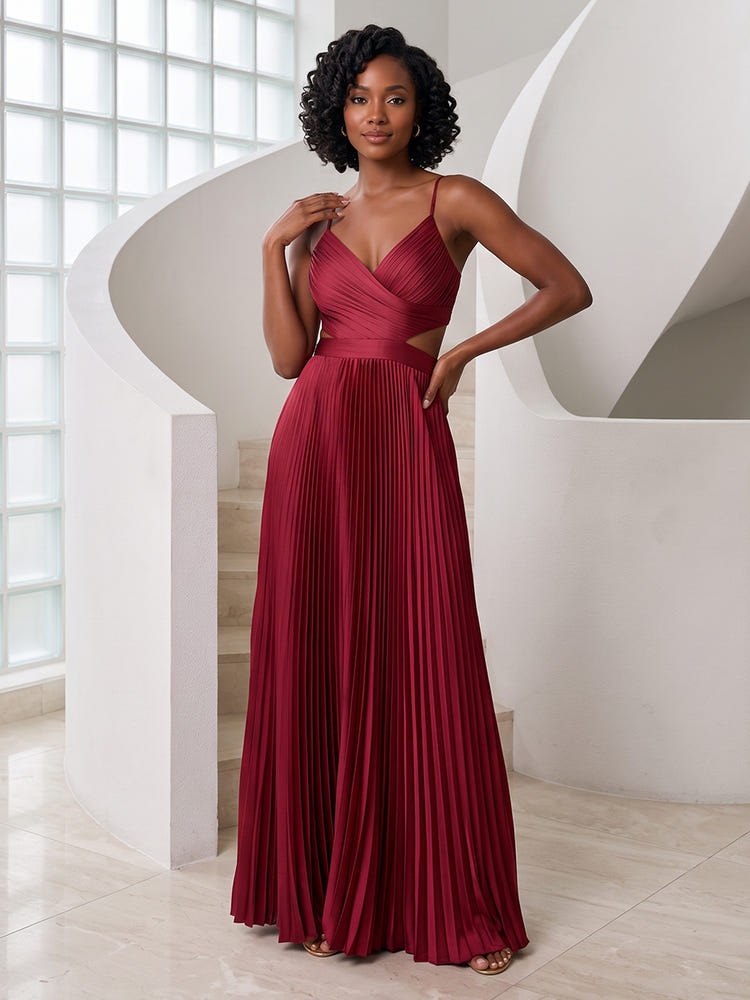 Satin A-Line Spaghetti Straps Formal Dresses with Eye-Catching Cutout Waist Detail