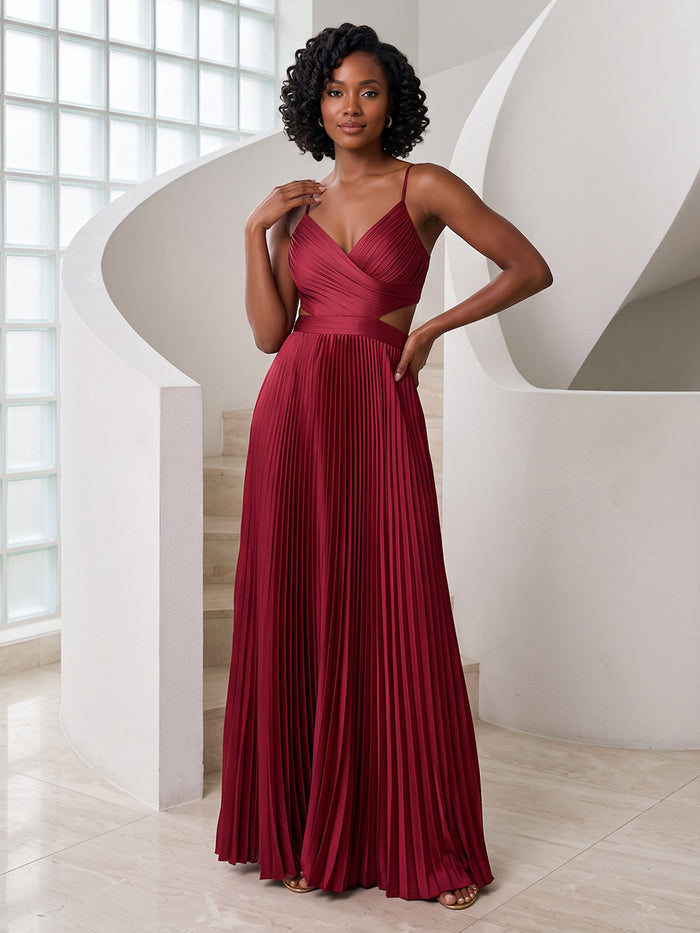 Satin A-Line Spaghetti Straps Formal Dresses with Eye-Catching Cutout Waist Detail