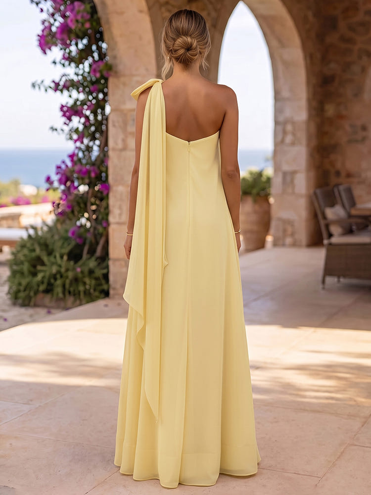 Chiffon A-Line One Shoulder Formal Dresses with Bow