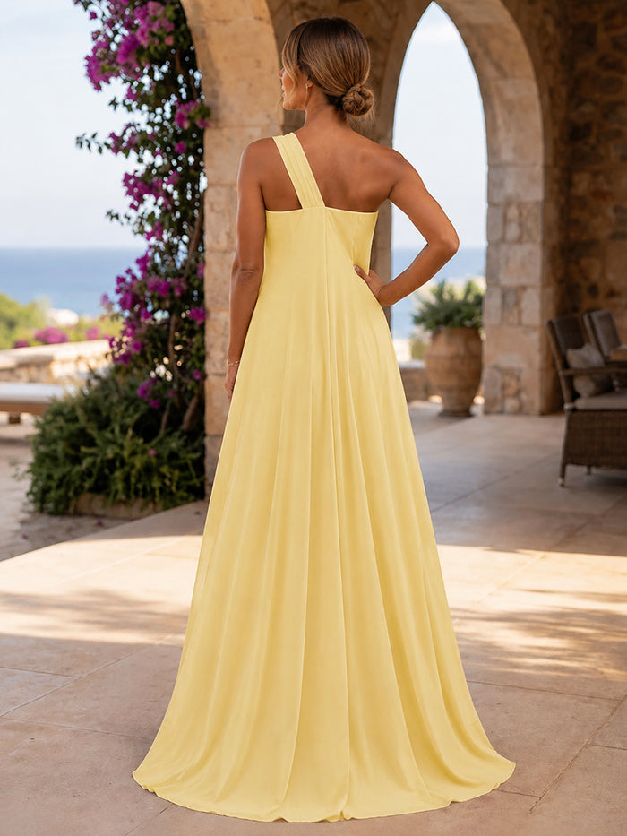 Chiffon A-Line One Shoulder Formal Dresses with Bow